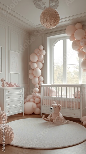 Soft Pink Nursery with Balloons and Teddy Bear Decoration photo