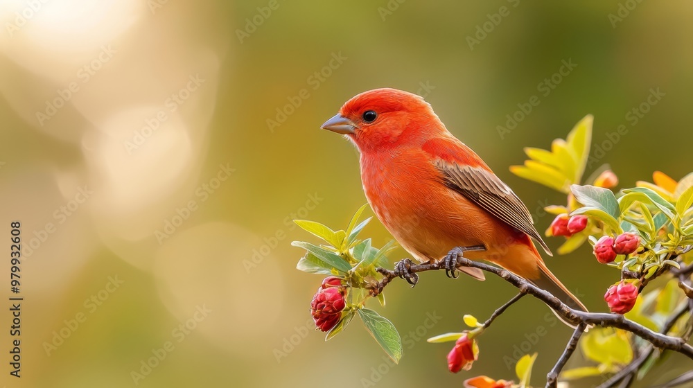 A red bird perches on a tree branch laden with berries, against a softly blurred backdrop A red bird perches on a tree branch laden with berries, against a softly blurred backdrop