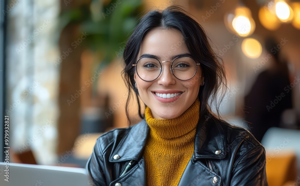 Smiling woman in her late thirties with glasses in a cozy café environment wearing a stylish black leather jacket and yellow sweater Smiling woman in her late thirties with glasses in a cozy café environment wearing a stylish black leather jacket and yellow sweater