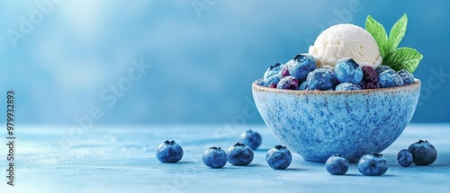  A bluebowl filled with blueberries and ice cream, garnished with mint sprigs against a blue backdrop photo