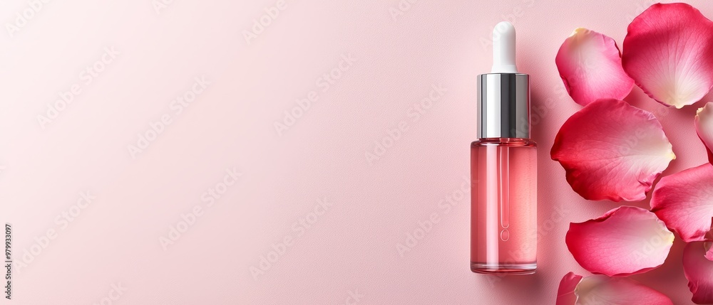 A pink bottle with white rim, holding a pink liquid, is placed against a pink backdrop featuring a single blooming pink rose A pink bottle with white rim, holding a pink liquid, is placed against a pink backdrop featuring a single blooming pink rose