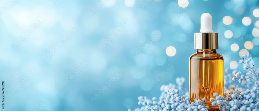 A tight shot of a bottle topped with a dropper on a table Blue flowers adorn the backdrop, while out-of-focus lights blurrily illuminate the scene A tight shot of a bottle topped with a dropper on a table Blue flowers adorn the backdrop, while out-of-focus lights blurrily illuminate the scene