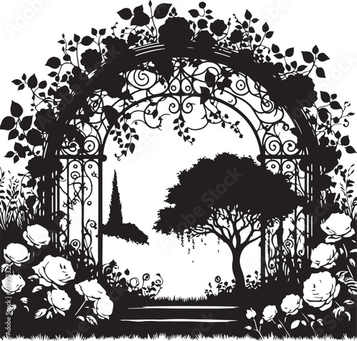 Black silhouette garden with white background