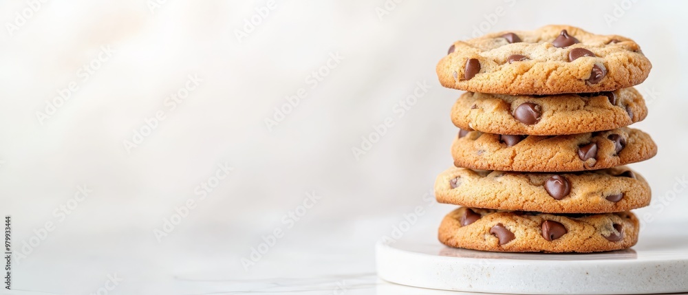 A stack of chocolate chip cookies on a white plate atop a marble countertop A stack of chocolate chip cookies on a white plate atop a marble countertop