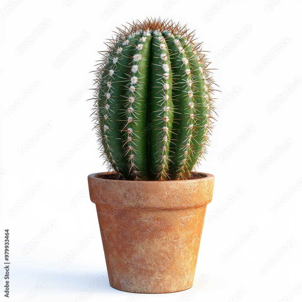 A vibrant cactus with sharp spines, beautifully potted in a rustic clay pot, perfect for home decor or desert-themed designs, white background A vibrant cactus with sharp spines, beautifully potted in a rustic clay pot, perfect for home decor or desert-themed designs, white background