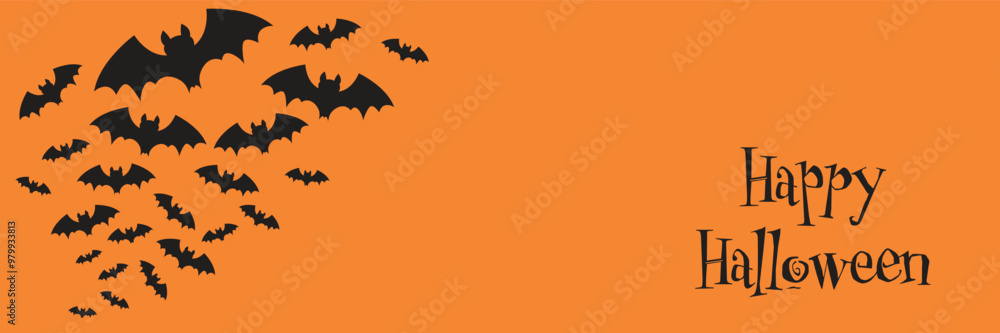 Halloween banner with black bats on the orange background. Illustration with text.