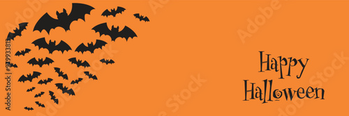 Obraz na płótnie Halloween banner with black bats on the orange background. Illustration with text. w salonie