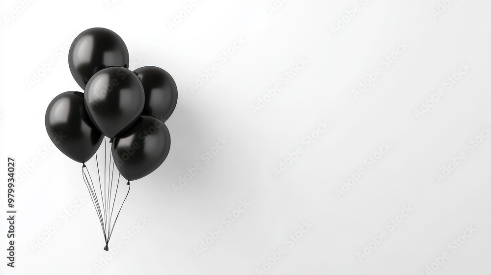 A set of glossy black balloons floating against a simple white backdrop, casting soft shadows, creating a sleek and modern atmosphere. A set of glossy black balloons floating against a simple white backdrop, casting soft shadows, creating a sleek and modern atmosphere.