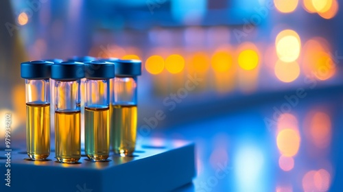 A series of laboratory vials containing amber-colored liquid are positioned on a rack