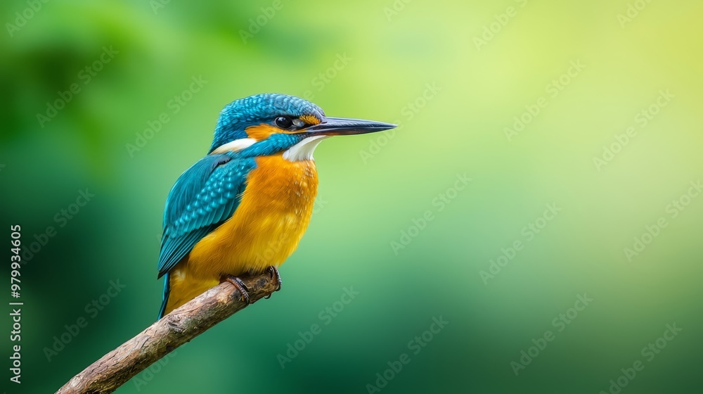 A vibrant bird perches on a tree branch against a green and yellow blurred background A vibrant bird perches on a tree branch against a green and yellow blurred background