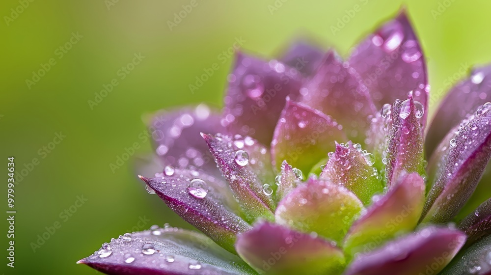 A tight shot of a purple flower, dewdrops glistening on its petals against a verdant background A tight shot of a purple flower, dewdrops glistening on its petals against a verdant background