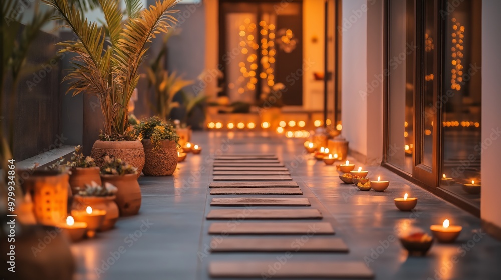 Traditional Diwali lamps and candles decorating a home entrance. Warm festive glow and ambiance. Traditional Diwali lamps and candles decorating a home entrance. Warm festive glow and ambiance.