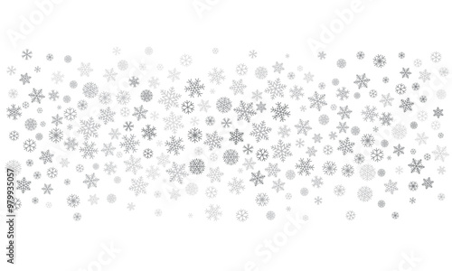 Christmas snowflakes background. Winter silver snow falling decoration, greeting card. Noel subtle backdrop. Vector illustration