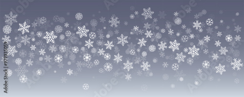 Christmas snowflakes background. Winter silver snow falling decoration, greeting card. Noel subtle backdrop. Vector illustration