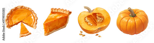 Pumpkin pie slices and whole pumpkins isolated on transparent background. Realistic illustration. Fall harvest and organic produce concept. Clipart for cookbook, menu, and food advertising.