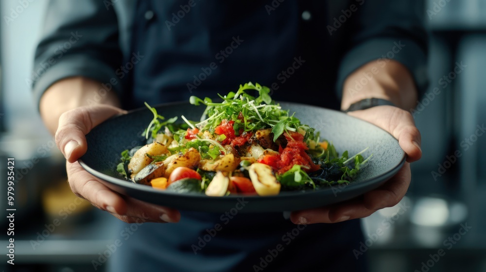 Chef Presenting Delicious Seafood Salad Chef Presenting Delicious Seafood Salad