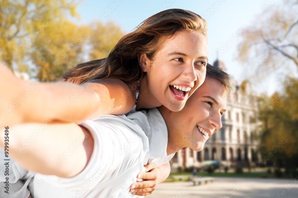 Happy couple of young tourists outdoor Happy couple of young tourists outdoor