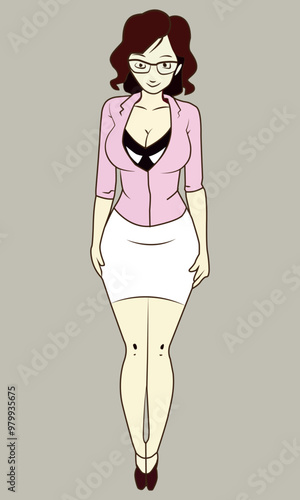 Beautiful business woman in a pink shirt and glasses. Vector illustration of a seductive teacher for your designs in cartoon style