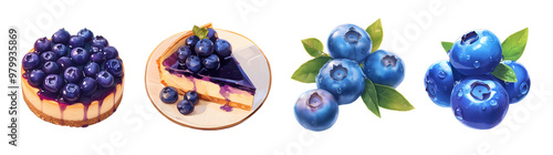 Blueberry cheesecake and fresh blueberries.  Illustration isolated on transparent background. Dessert and organic produce concept. Clipart for cookbook, menu, and food advertising.