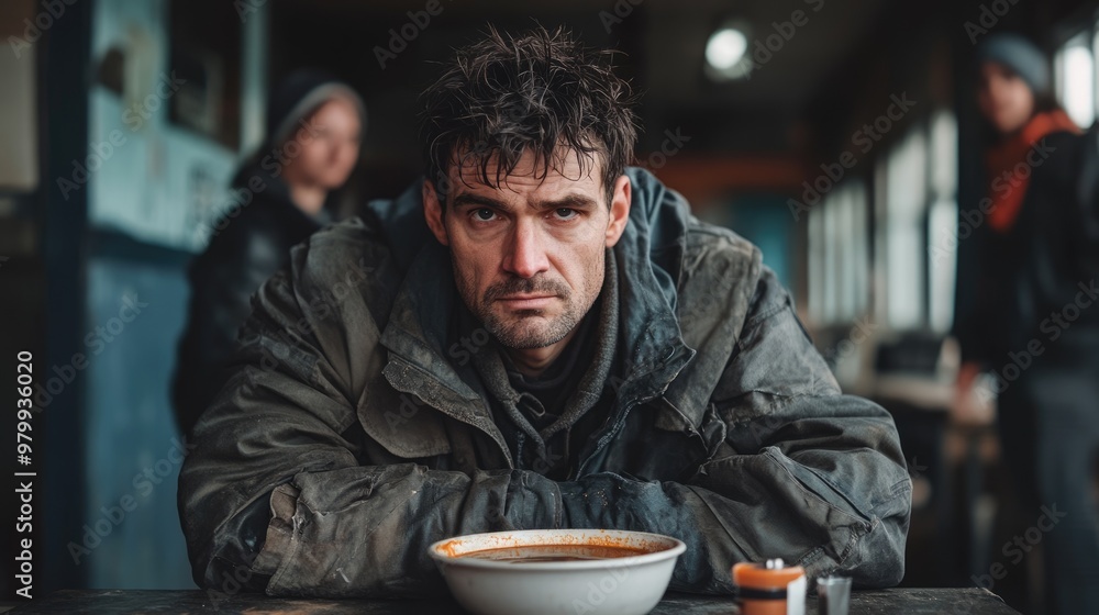 A beggar in torn clothes sits at a table in a charity canteen, where a bowl of soup stands before them, capturing the essence of poverty, hunger, and the need for charitable support. A beggar in torn clothes sits at a table in a charity canteen, where a bowl of soup stands before them, capturing the essence of poverty, hunger, and the need for charitable support.