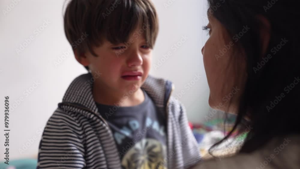 Young boy crying, visibly upset and distressed, while looking at mother. Emotional moment of vulnerability and sadness between a child and mother Young boy crying, visibly upset and distressed, while looking at mother. Emotional moment of vulnerability and sadness between a child and mother