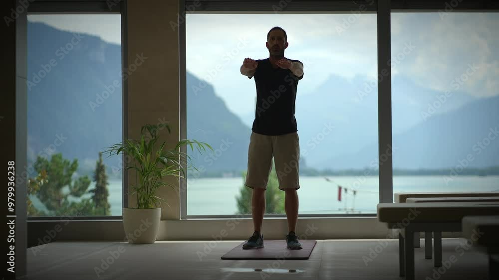 A fitness enthusiast confidently working out while enjoying a beautiful scenic mountain view A fitness enthusiast confidently working out while enjoying a beautiful scenic mountain view
