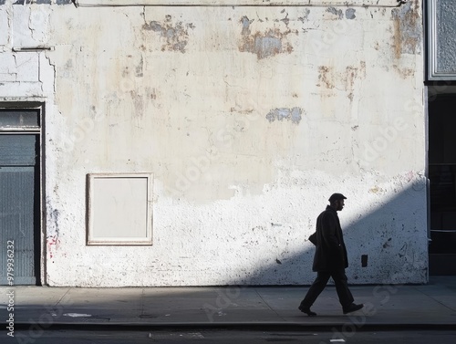 man strolling past sundrenched wall with empty frame adjacent to vacant storefront