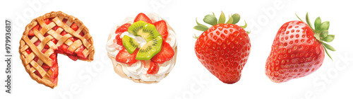 Strawberry pie, pavlova, and whole strawberries. Illustration isolated on transparent background. Dessert and organic produce concept. Clipart for cookbook, menu, and food advertising.