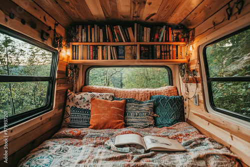 Cozy reading nook inside a camper van with books and blankets