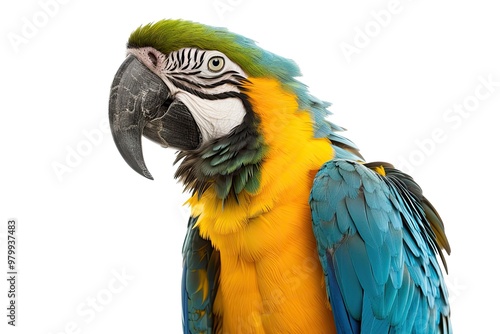 Macaw with blue and yellow feathers against a white background