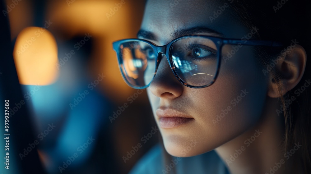 A female coder with glasses concentrates on her computer screen, her face softly lit by the glow of the monitor. The ambiance indicates evening hours in a cozy workspace A female coder with glasses concentrates on her computer screen, her face softly lit by the glow of the monitor. The ambiance indicates evening hours in a cozy workspace