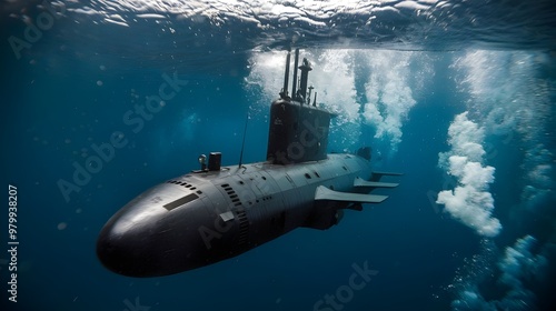 Wallpaper Mural A military submarine diving underwater. The sub is surrounded by bubbles as it descends. The background is dark blue, with the sunlight filtering through the water. Torontodigital.ca