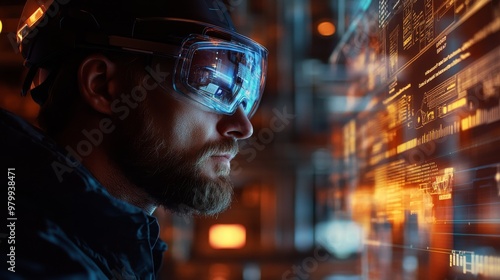 A technician in augmented reality glasses focuses on analyzing critical operational data at an energy plant, enhancing real-time decision-making in a high-tech environment