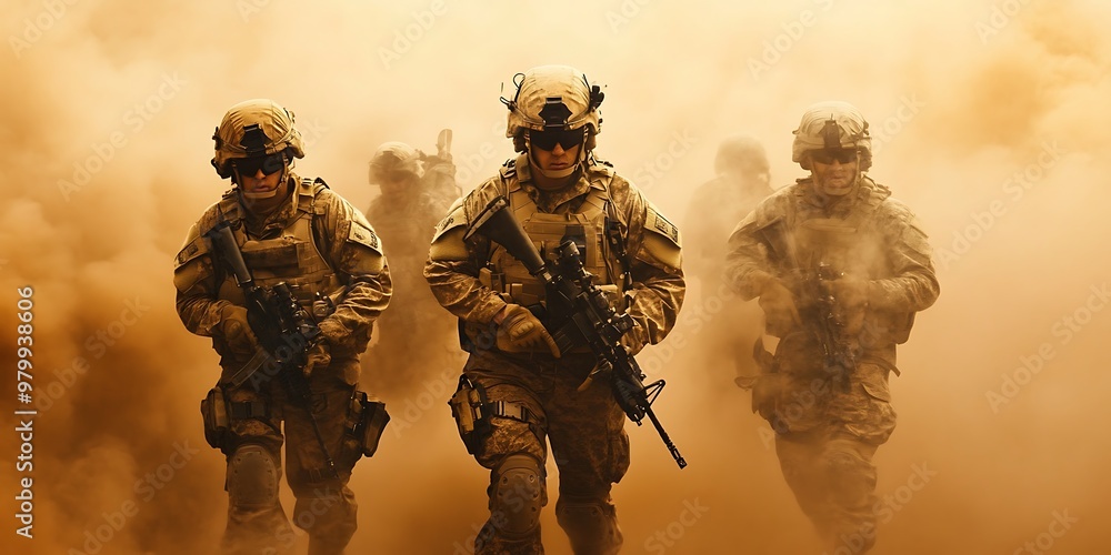 Three soldiers in camouflage gear and helmets are walking through a cloud of dust with their rifles held at the ready. Three soldiers in camouflage gear and helmets are walking through a cloud of dust with their rifles held at the ready.