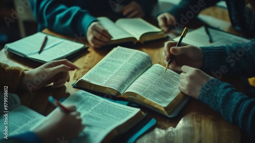 A group of friends is deeply engaged in a Bible study session, discussing insights from their open Bibles while taking notes in their notebooks