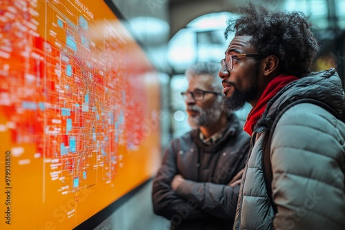  A Gen Z person with a mentor, both looking at a digital career roadmap on a large screen, highlighting pathways and opportunities. Generative AI