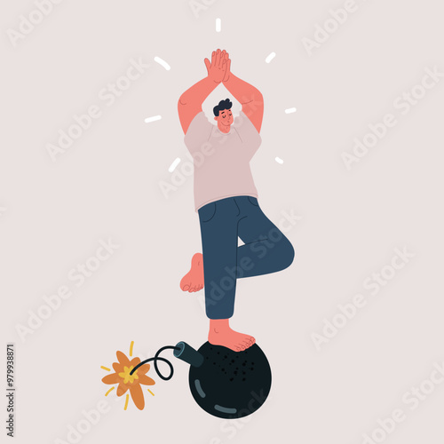 Cartoon vector illustration of a man standing on a bomb, hidden danger problem, ignoring issues and reality concept