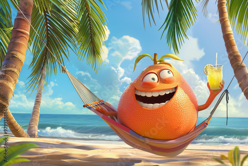 Cute cartoon grapefruit in a hammock under palm trees on a tropical island. photo