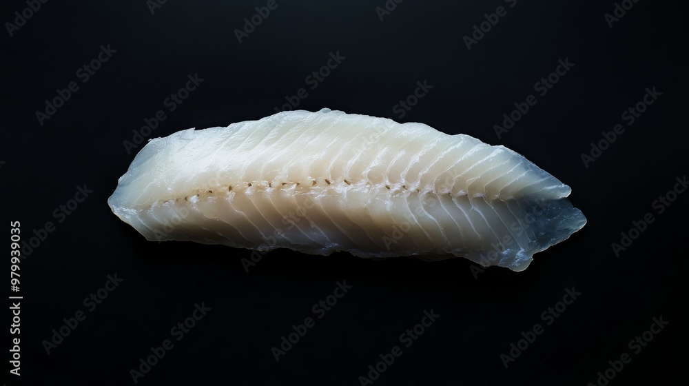 A closeup of a raw white fish fillet presents its delicate texture and natural colors against a stark black backdrop, emphasizing its freshness and quality A closeup of a raw white fish fillet presents its delicate texture and natural colors against a stark black backdrop, emphasizing its freshness and quality