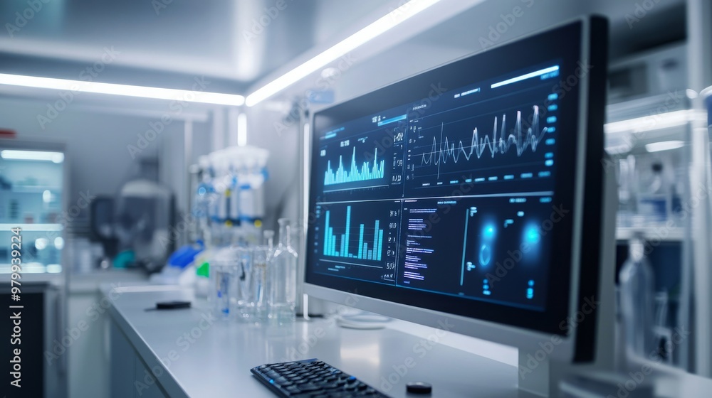 A computer monitor with various data visualization in form of graphs and charts sit on a white countertop in a laboratory setting. A computer monitor with various data visualization in form of graphs and charts sit on a white countertop in a laboratory setting.