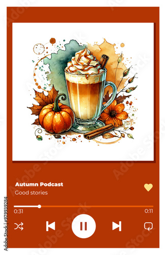 Autumn template with coffee cup, pumpkins and autumn leaves