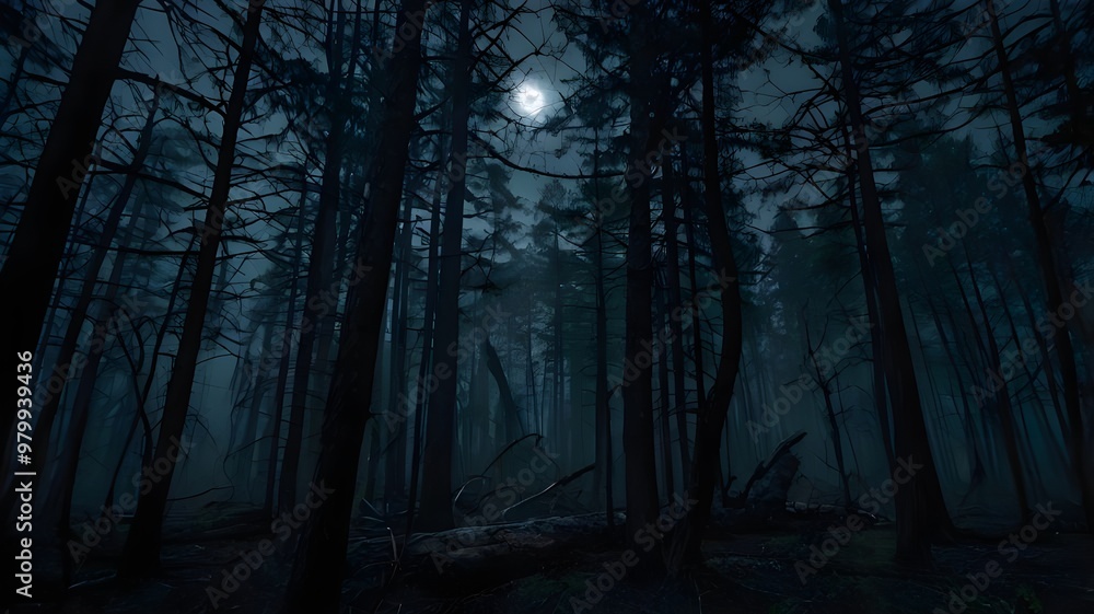 Naklejka premium Dark spooky forest at night, shrouded in fog, filled with tall trees and a menacing atmosphere