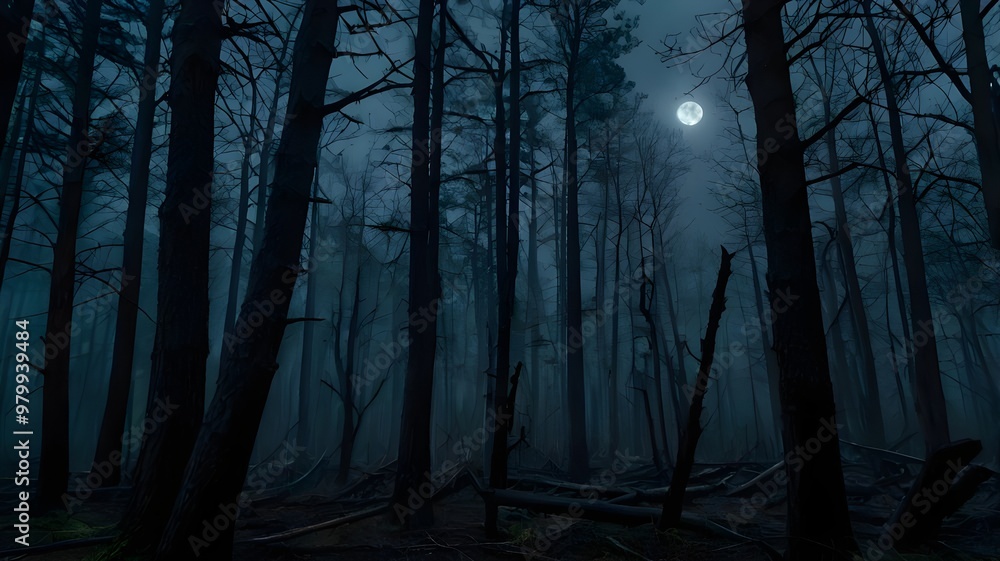 Dark spooky forest at night, thick with fog, filled with tall trees and a terrifying atmosphere Dark spooky forest at night, thick with fog, filled with tall trees and a terrifying atmosphere