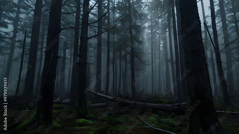 Obraz premium Dark spooky forest at night, dense with fog, featuring tall trees and a frightening atmosphere