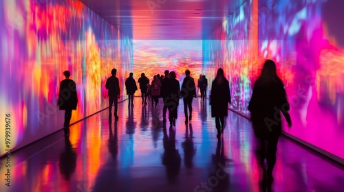 A diverse group of people strolls through a gallery, immersed in a lively digital art installation. Colorful projections create a captivating ambiance as visitors engage with the artwork photo