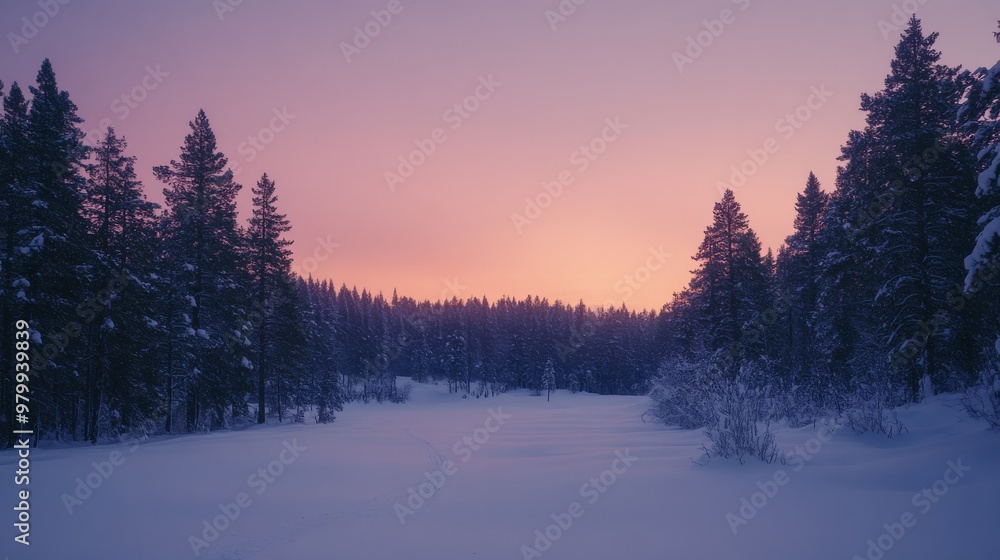 A serene pine forest blanketed in snow unfolds under the last light of twilight, where fading orange hues paint the sky and shadows stretch across the landscape A serene pine forest blanketed in snow unfolds under the last light of twilight, where fading orange hues paint the sky and shadows stretch across the landscape