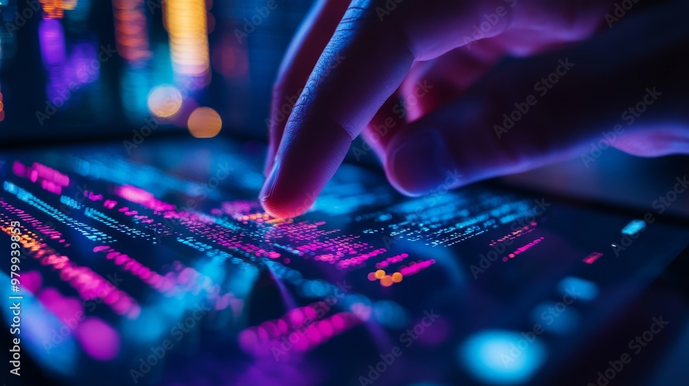 A hand taps on a tablet screen filled with colorful lines of code, showcasing the blend of technology and human interaction during a coding session A hand taps on a tablet screen filled with colorful lines of code, showcasing the blend of technology and human interaction during a coding session