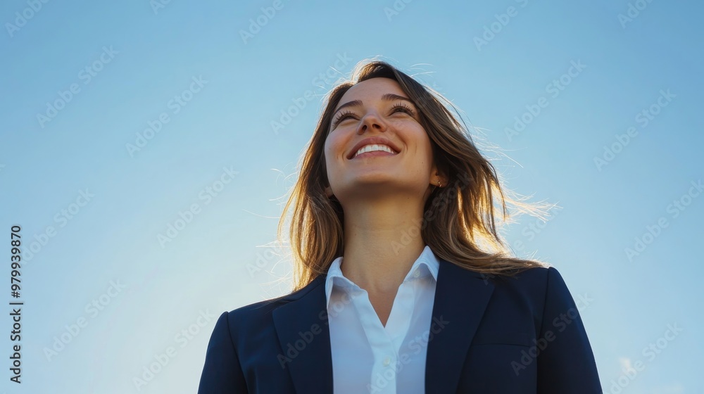 A businesswoman confidently gazes upward while standing outdoors. She wears a tailored suit and smiles, exuding positivity beneath a clear blue sky A businesswoman confidently gazes upward while standing outdoors. She wears a tailored suit and smiles, exuding positivity beneath a clear blue sky