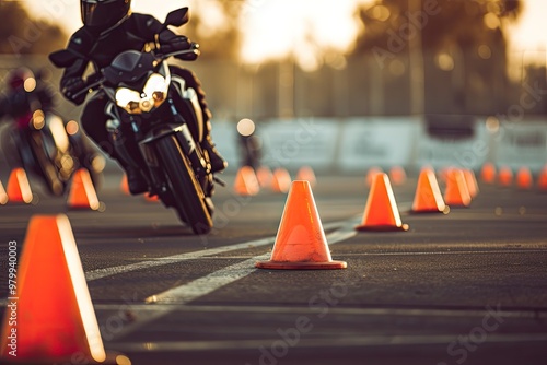 Motorcycle training with cones in motordrome photo