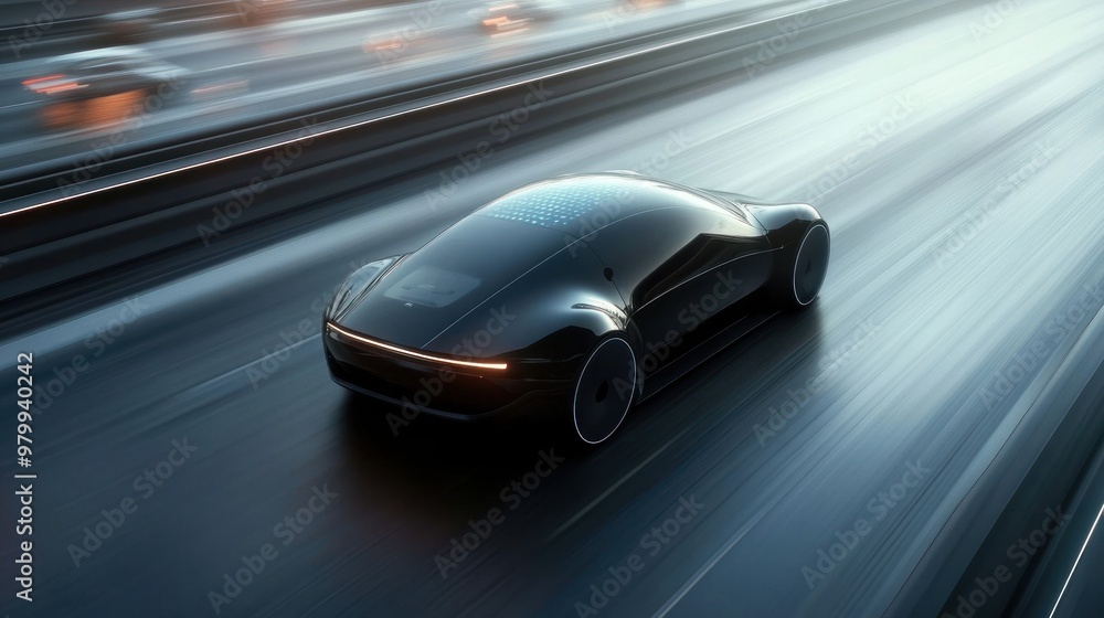 Naklejka premium Futuristic Black Car Speeding on Highway